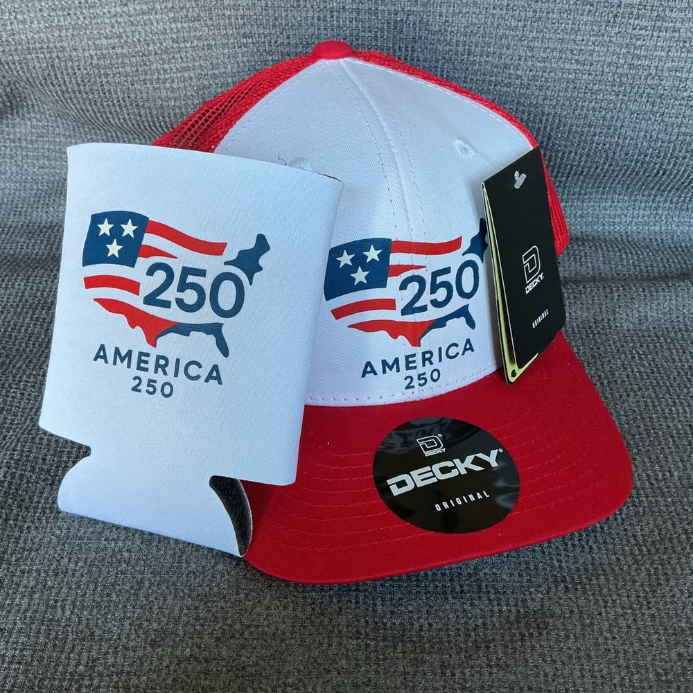 America 250 Trucker Hat & Koozie • USA Semiquincentennial 250th Anniversary Gear